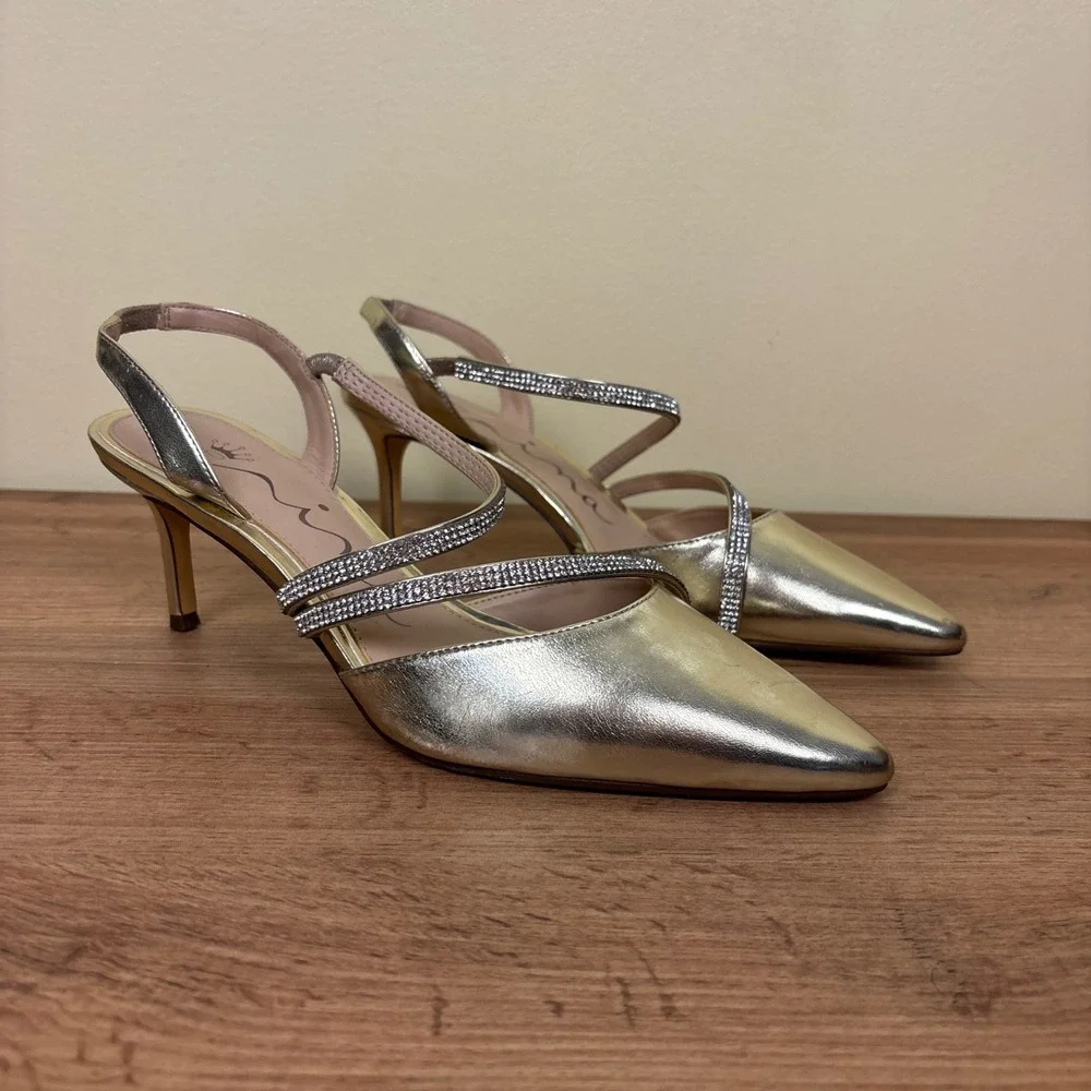 NINA Nela Slingback Pointed Toe Pumps In Platino Gold Women Size 10 Formal Party